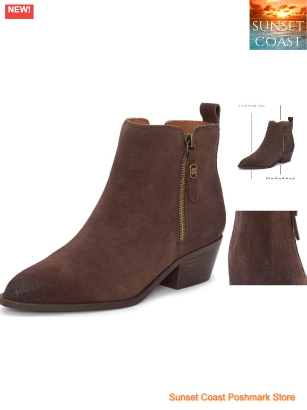 Suede Ankle Booties Almond Toe Block Heel Side Zip Fall